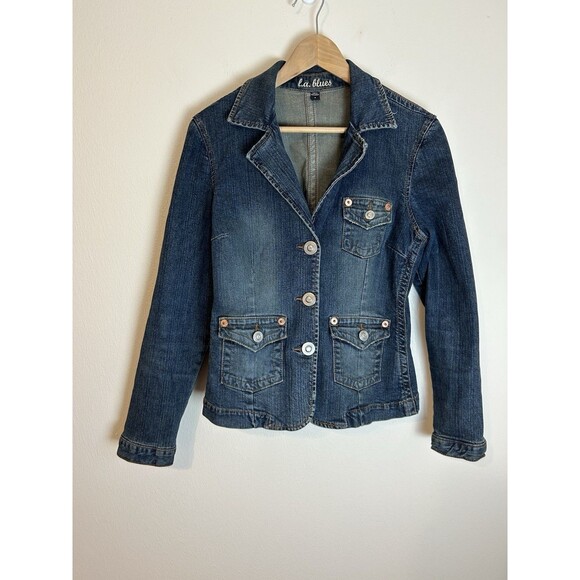 Blues Denim Jacket Womens M Cargo Grunge Button Western Collared Y2K Blue - Picture 1 of 4